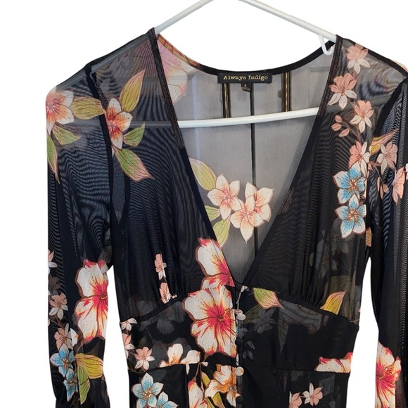 Always Indigo Floral Black Sheer Mesh Maxi Dress Fairy core Romantic - Picture 4 of 8